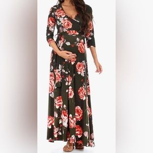 Mother Bee Maternity | Olive Green Faux Wrap Maternity Dress w/Adjustable Belt